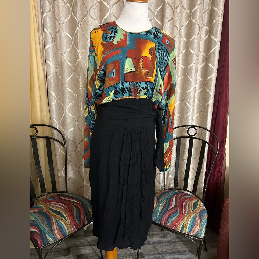 PHEOBE Colorful Abstract top with Black bottom.
